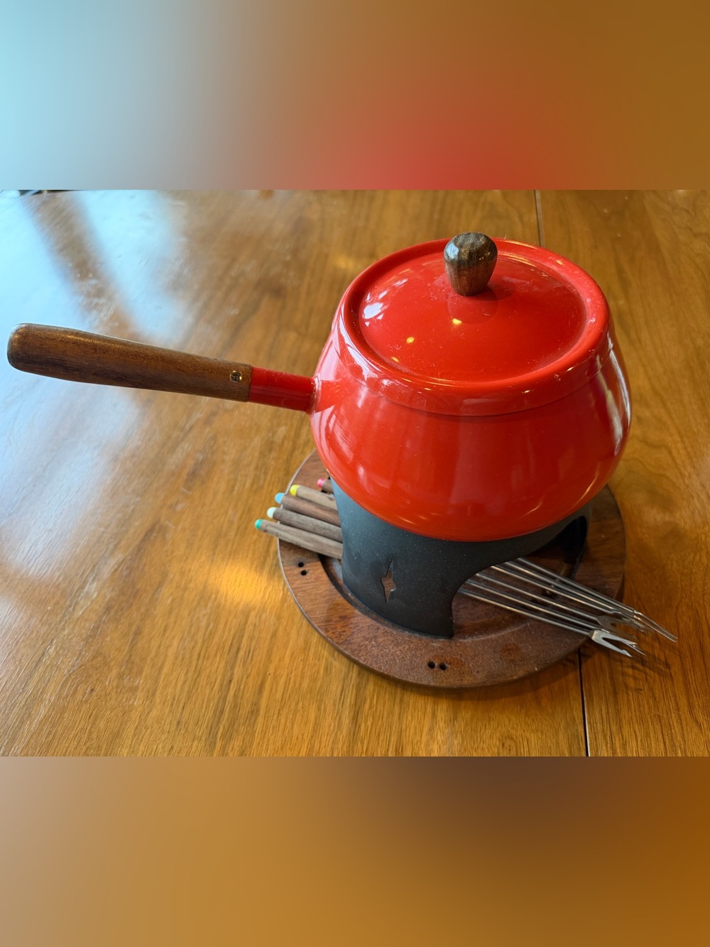 Vintage MCM Red Enamel Fondue Pot with Wooden Handle